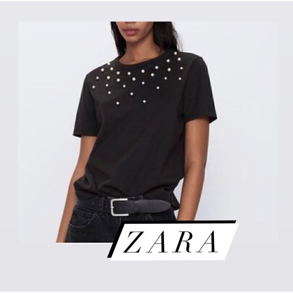 Zara black cotton pearls top tee shirt women’s large